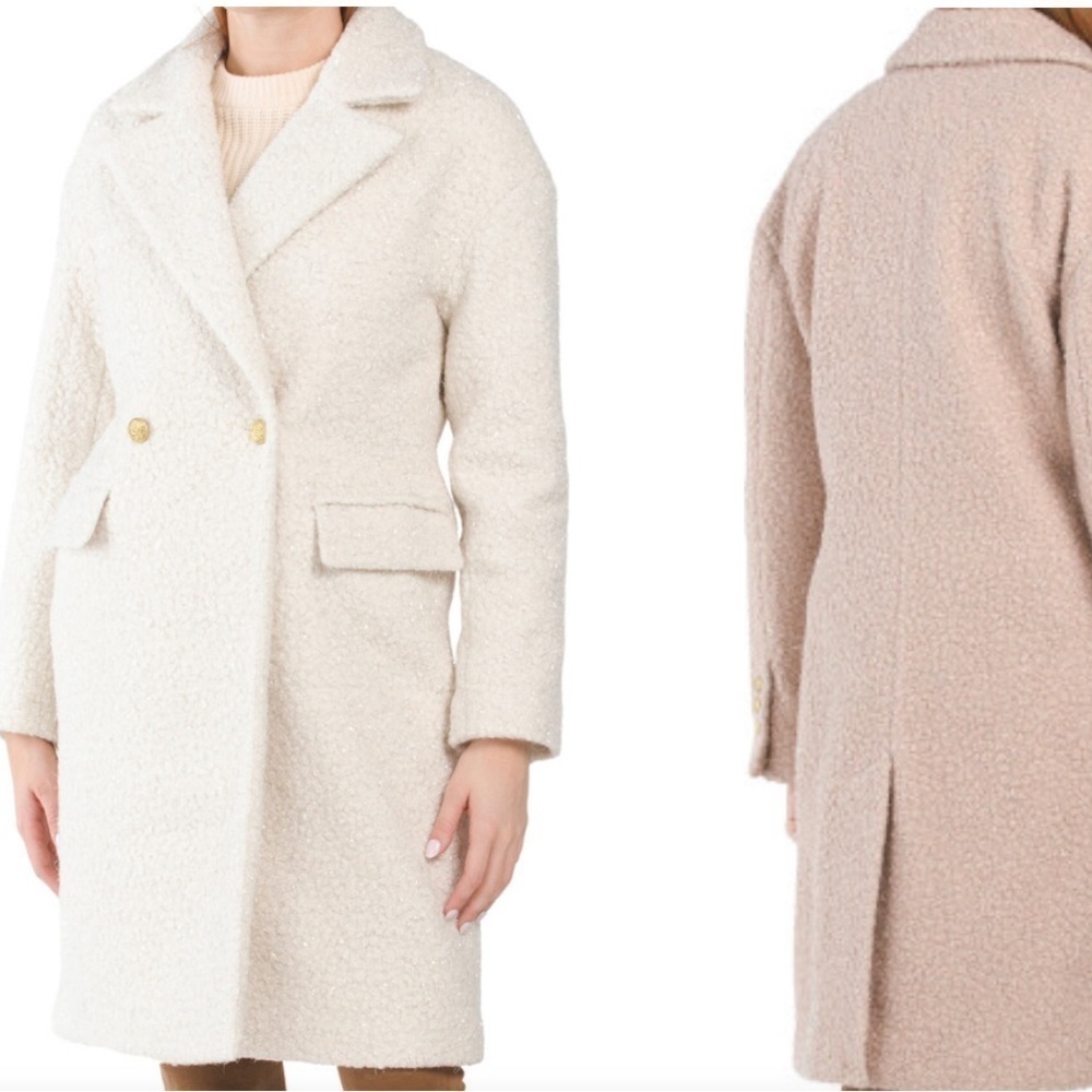 BCBGMaxAzria Creamy Tan Champagne Teddy Double Breasted Coat with Sparkles